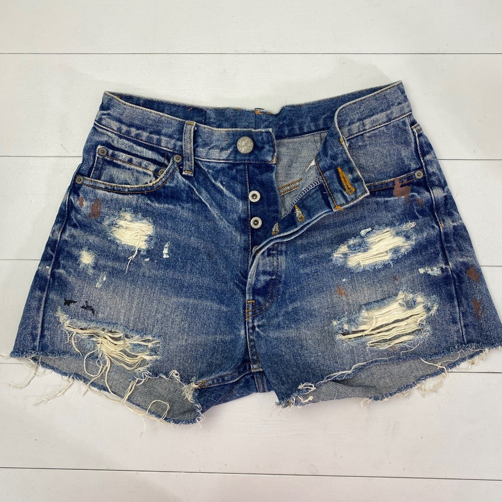 MOUSSY VINTAGE Distressed Denim Jean Shorts Womens 27 Cutoff Paint Splatter